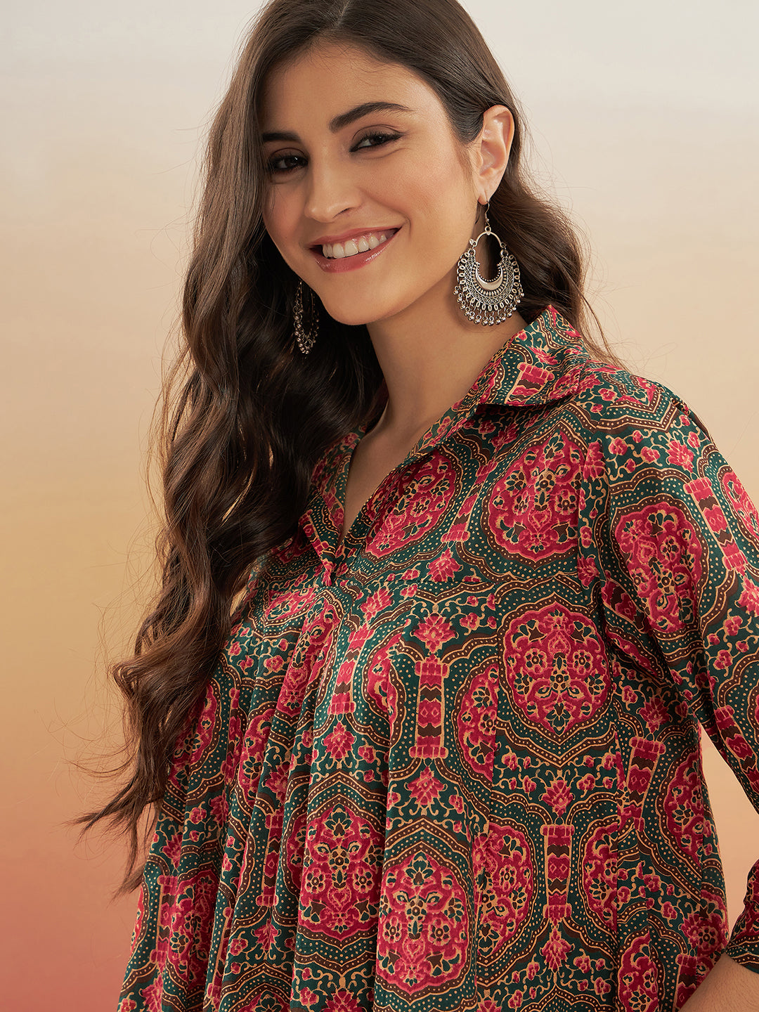 InWeave Women's Green Red Mughal Kalamkari Flared Dress