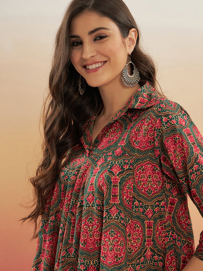 InWeave Women's Green Red Mughal Kalamkari Flared Dress