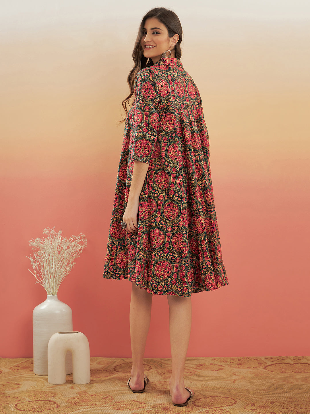 InWeave Women's Green Red Mughal Kalamkari Flared Dress