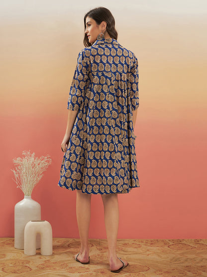 InWeave Women's Ink Blue Small Paisley Kalamkari Flared Dress