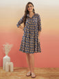 InWeave Women's Ink Blue Small Paisley Kalamkari Flared Dress