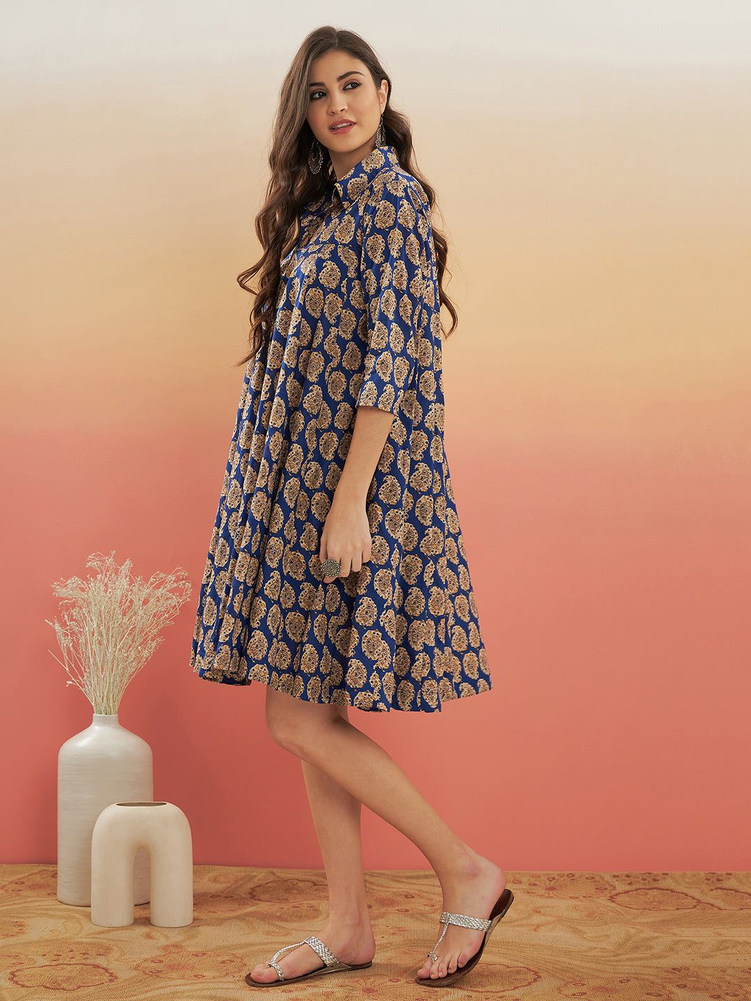 InWeave Women's Ink Blue Small Paisley Kalamkari Flared Dress