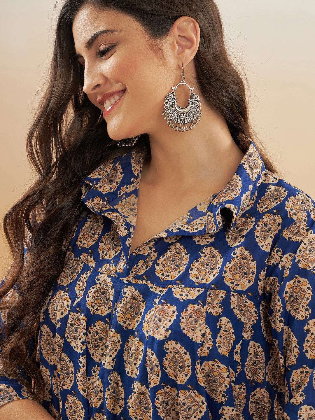 InWeave Women's Ink Blue Small Paisley Kalamkari Flared Dress