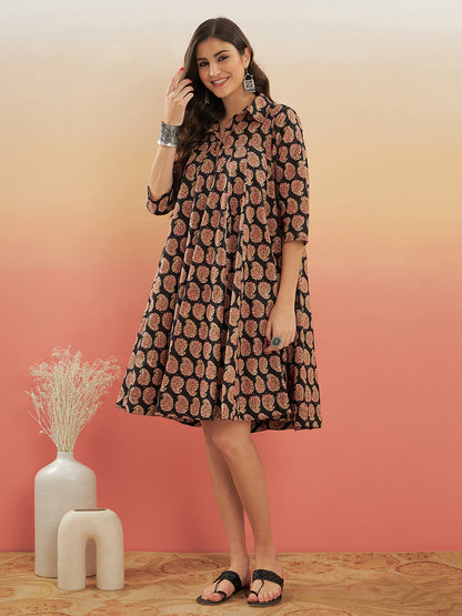 InWeave Women's Black Small Paisley Kalamkari Flared Dress