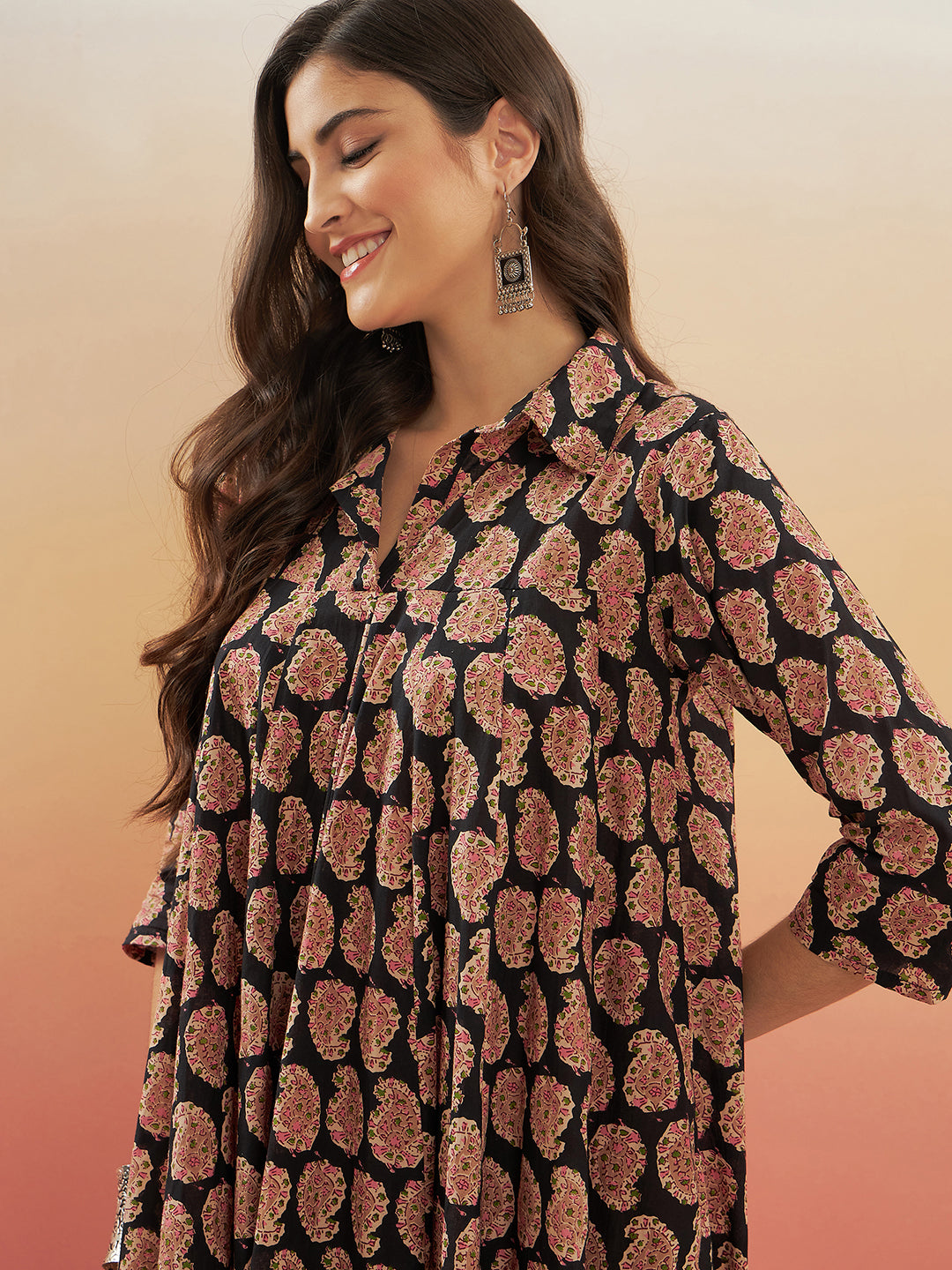 InWeave Women's Black Small Paisley Kalamkari Flared Dress