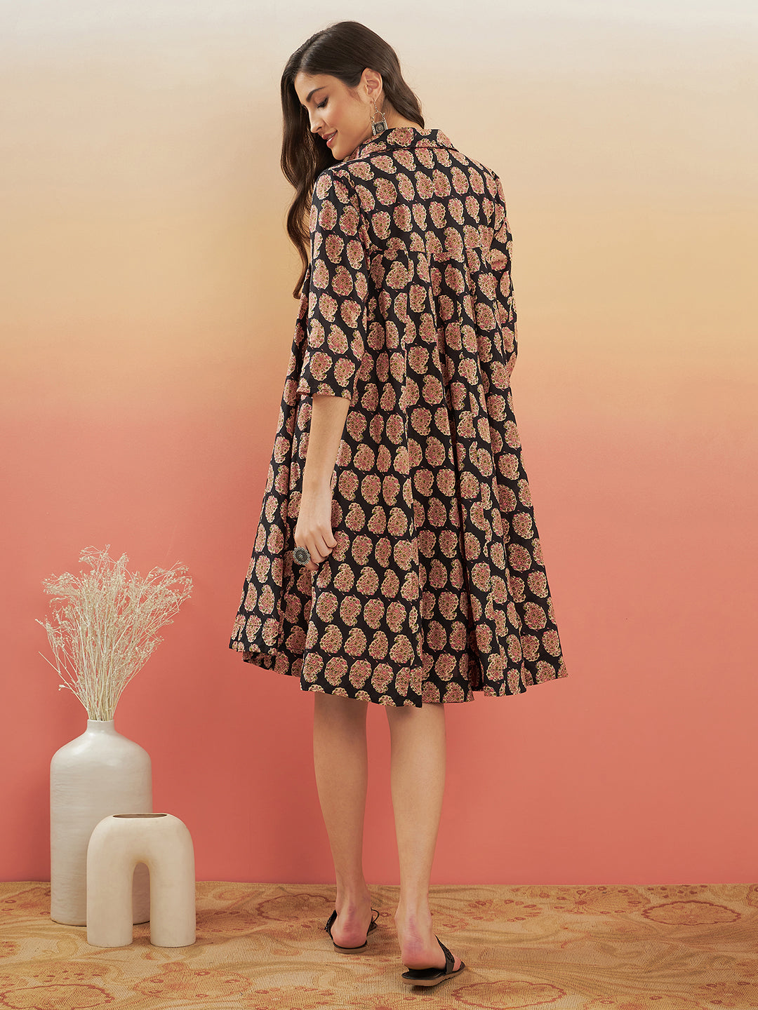 InWeave Women's Black Small Paisley Kalamkari Flared Dress