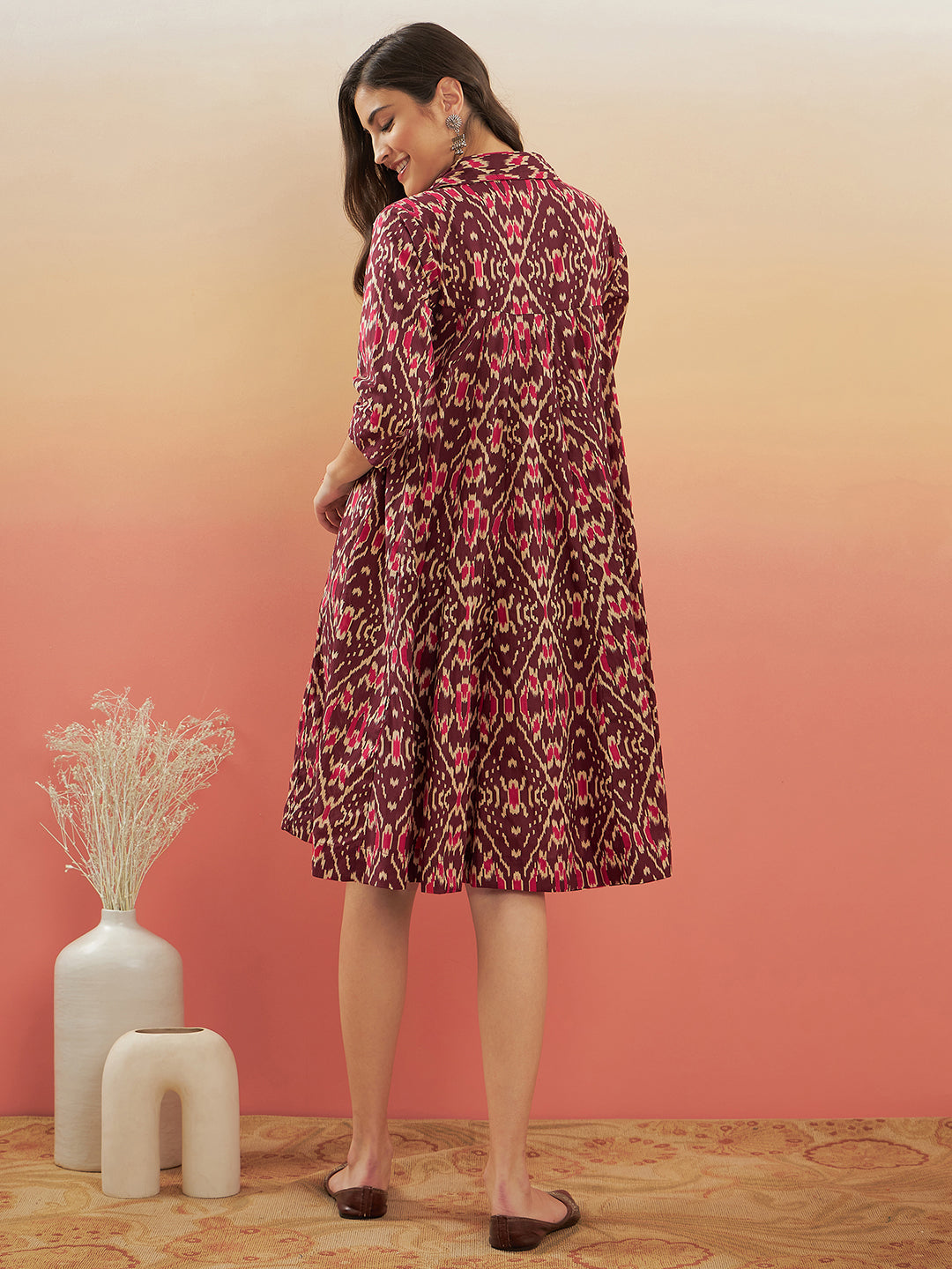 InWeave Women's Wine Ikkat Print Flared Dress
