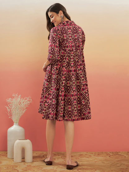 InWeave Women's Wine Ikkat Print Flared Dress