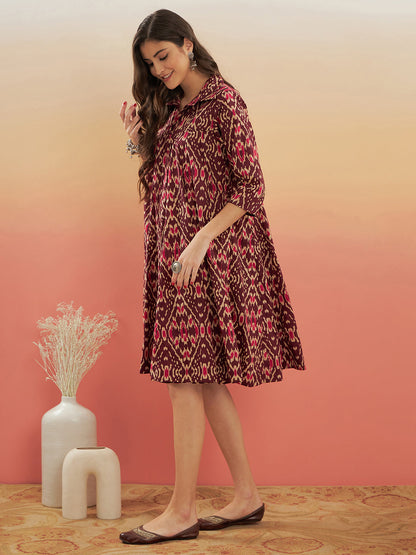 InWeave Women's Wine Ikkat Print Flared Dress