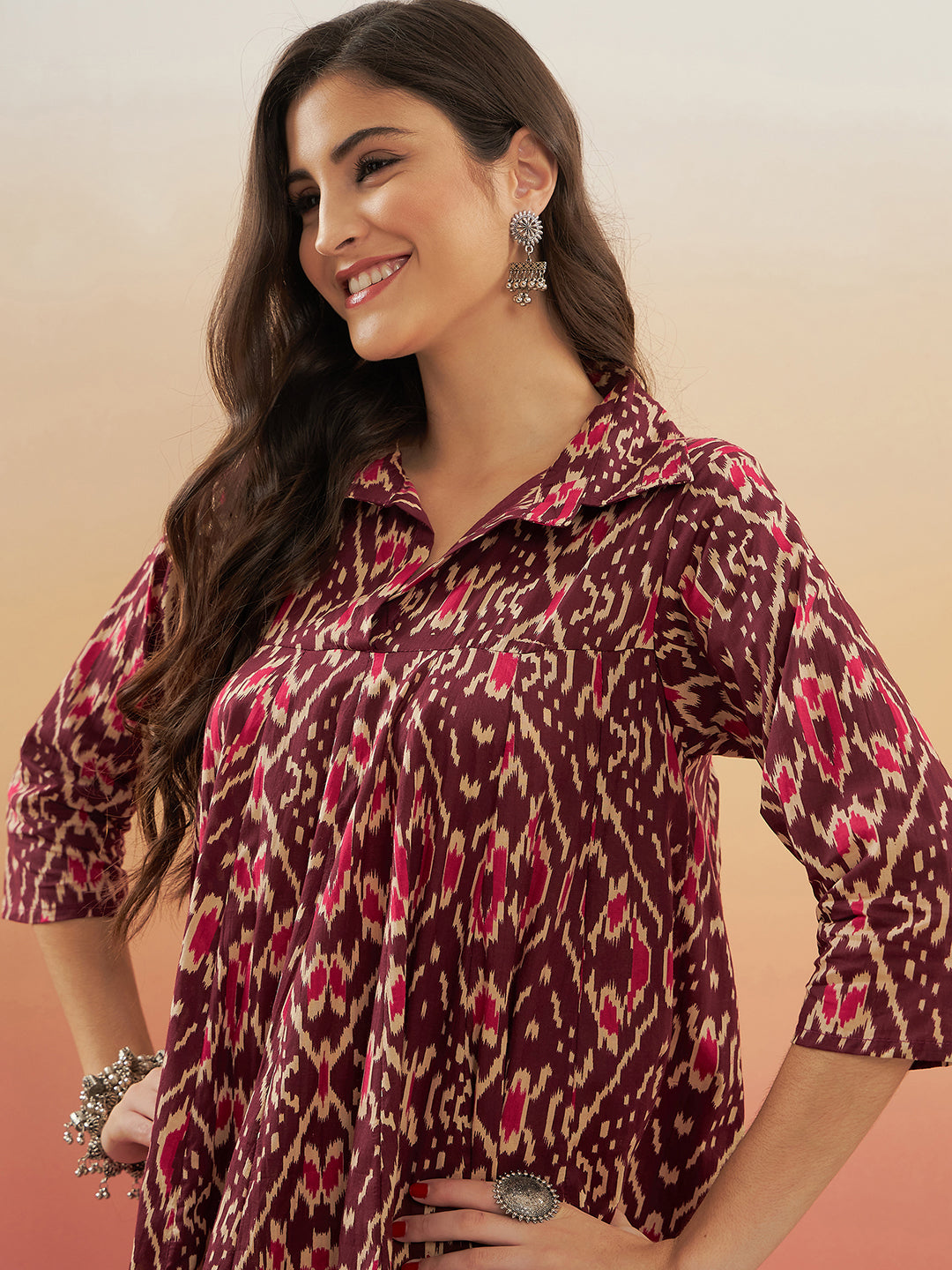 InWeave Women's Wine Ikkat Print Flared Dress