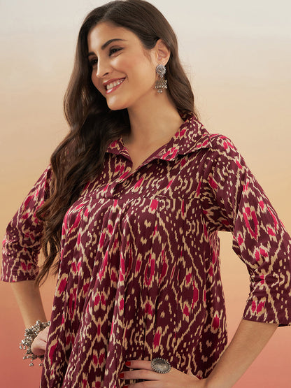 InWeave Women's Wine Ikkat Print Flared Dress