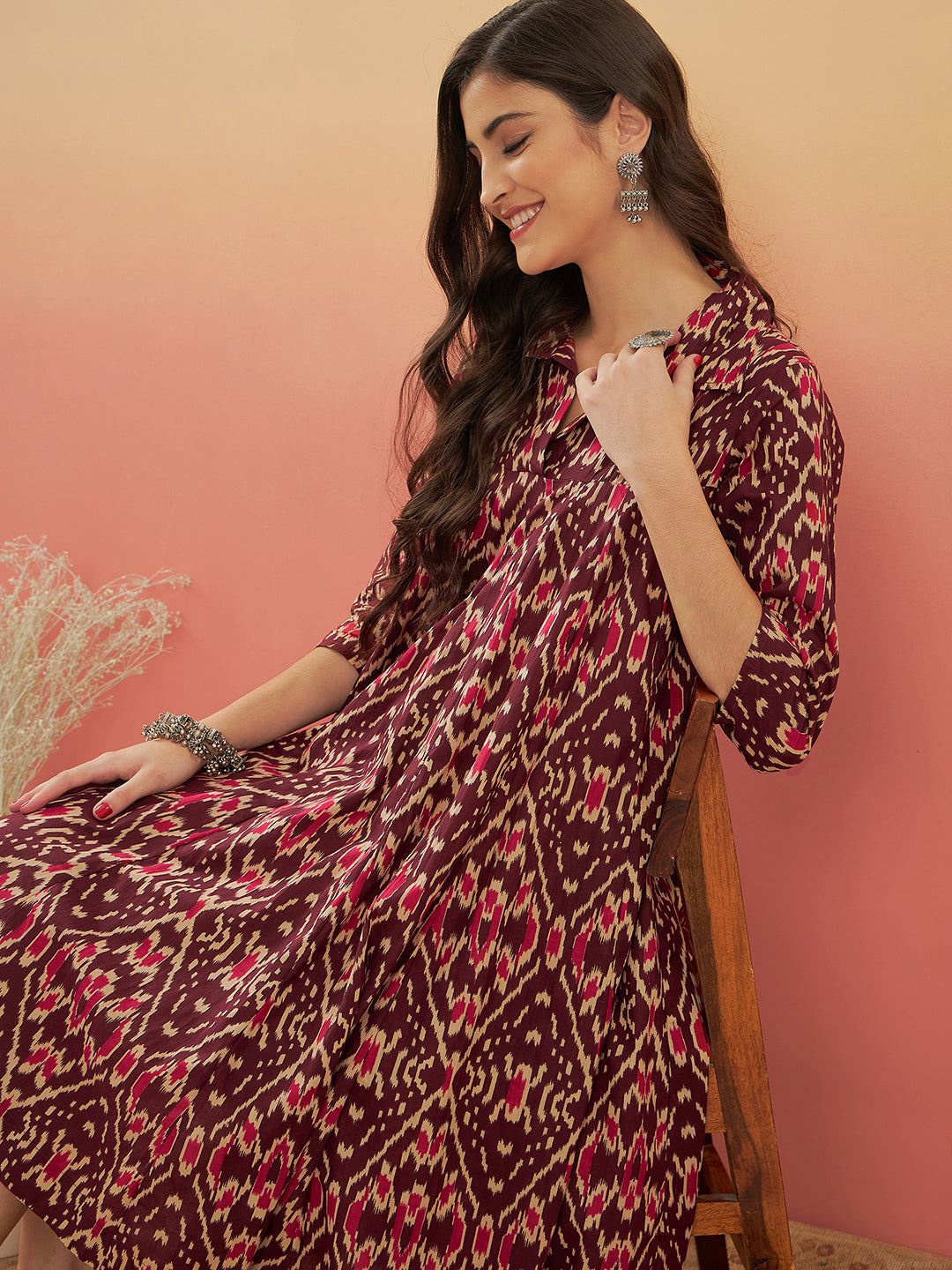 InWeave Women's Wine Ikkat Print Flared Dress