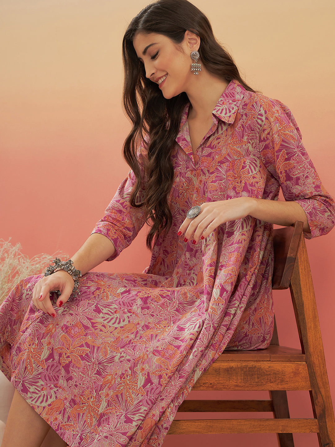 InWeave Women's Pink Coral Floral Print Flared Dress