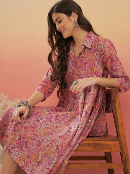 InWeave Women's Pink Coral Floral Print Flared Dress