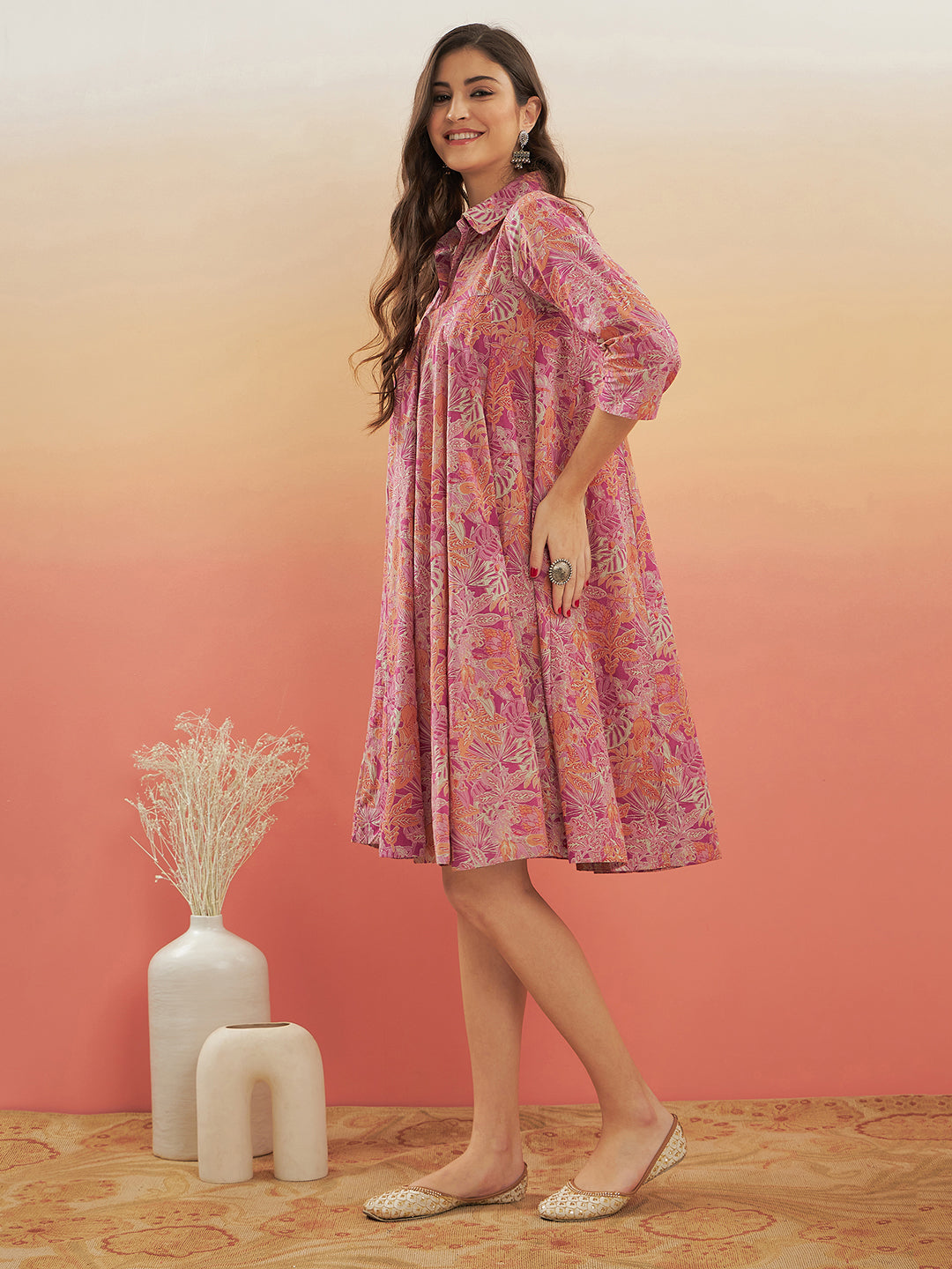 InWeave Women's Pink Coral Floral Print Flared Dress