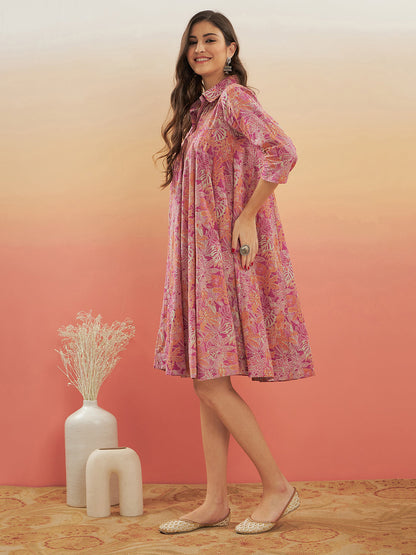 InWeave Women's Pink Coral Floral Print Flared Dress