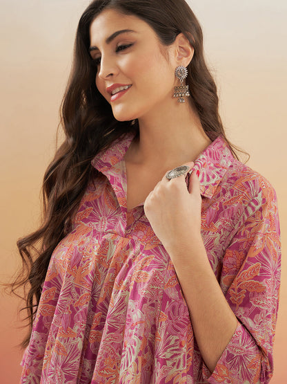 InWeave Women's Pink Coral Floral Print Flared Dress