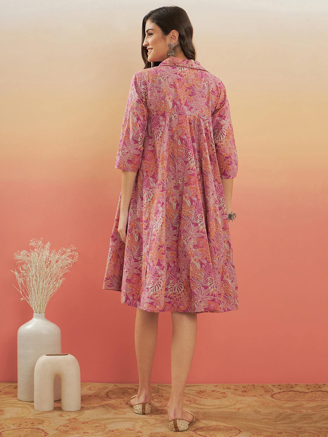 InWeave Women's Pink Coral Floral Print Flared Dress