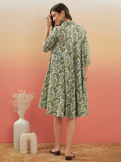 InWeave Women's Sage Green Paisley Print Flared Dress