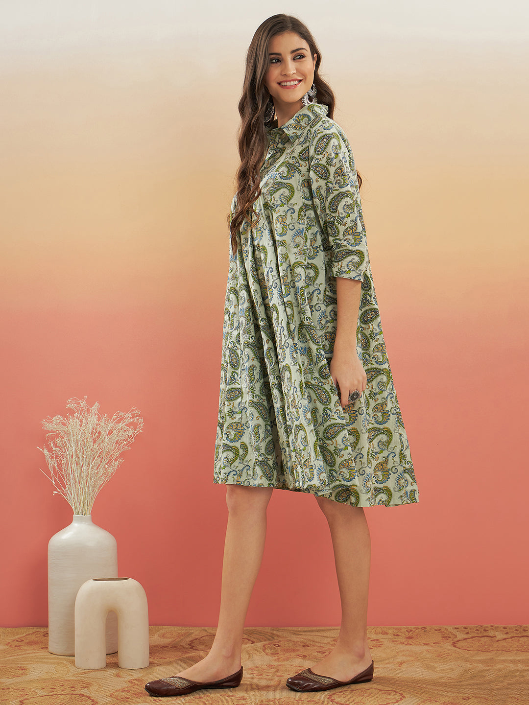 InWeave Women's Sage Green Paisley Print Flared Dress