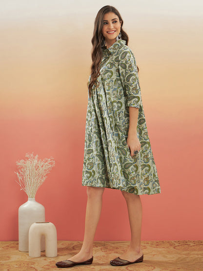InWeave Women's Sage Green Paisley Print Flared Dress