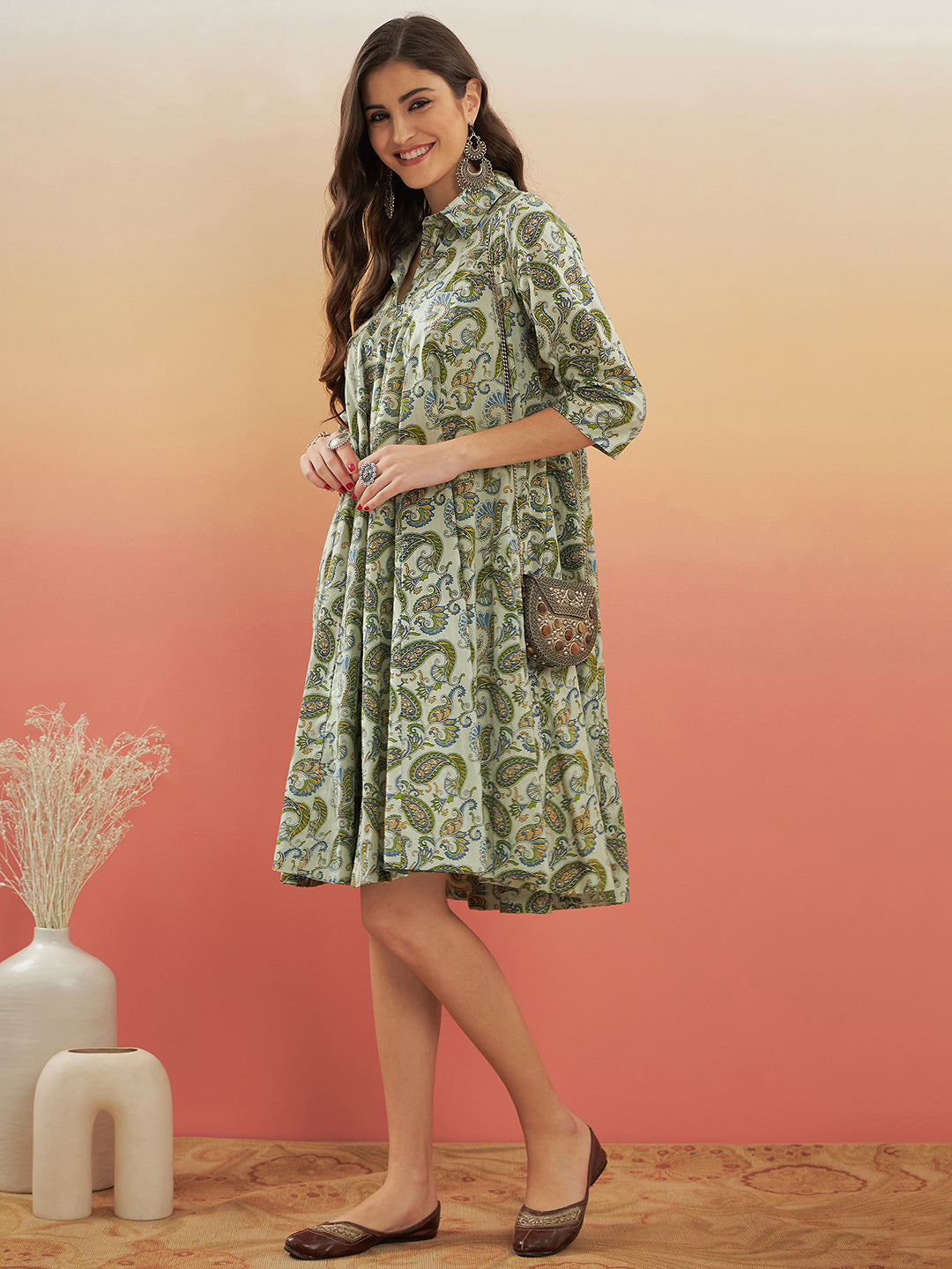 InWeave Women's Sage Green Paisley Print Flared Dress