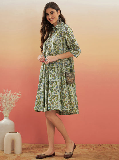 InWeave Women's Sage Green Paisley Print Flared Dress