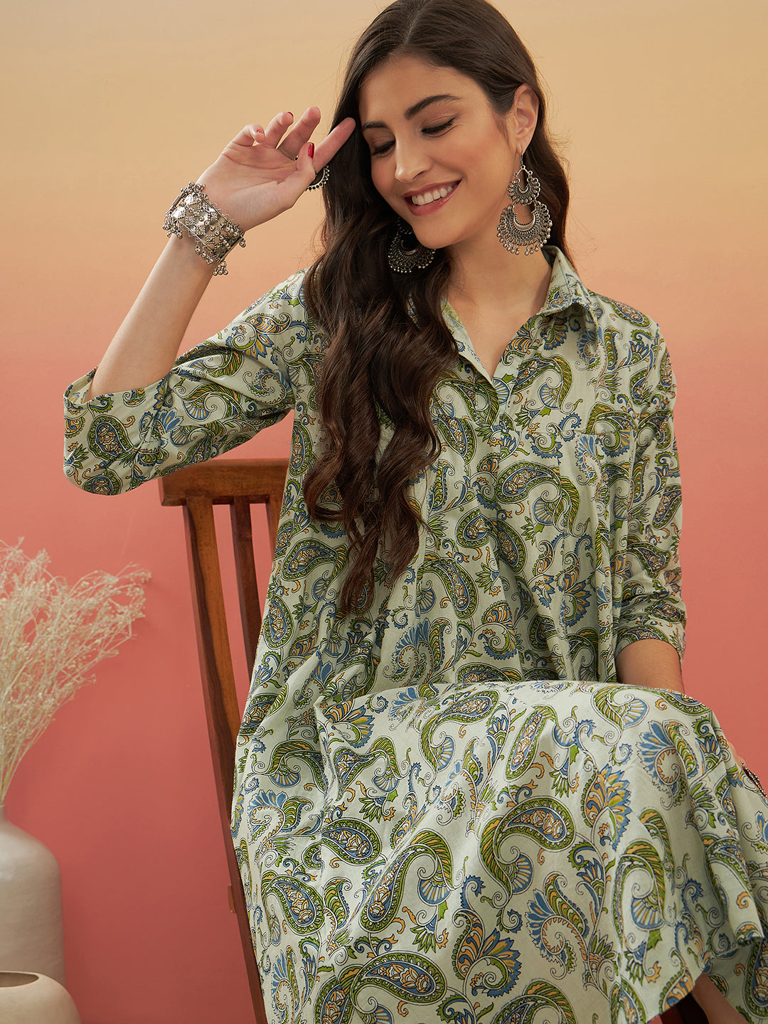 InWeave Women's Sage Green Paisley Print Flared Dress