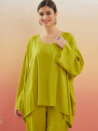 InWeave Women's Pear Green Solid Boho Full Sleeve Coord Set