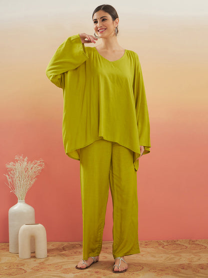 InWeave Women's Pear Green Solid Boho Full Sleeve Coord Set