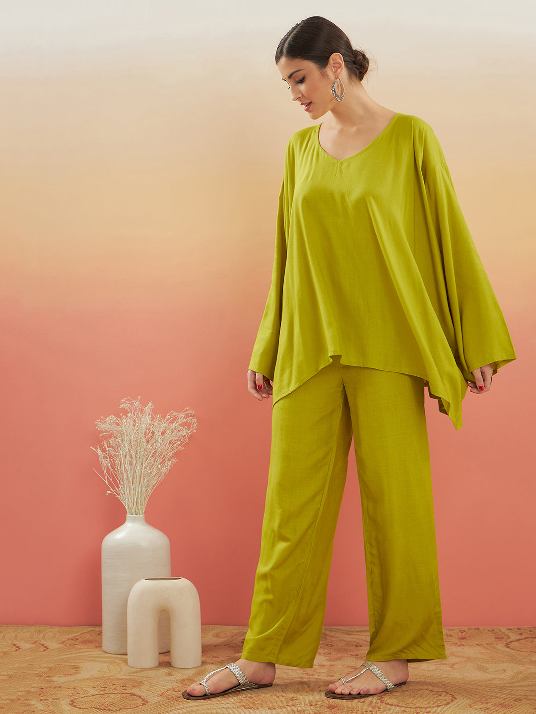 InWeave Women's Pear Green Solid Boho Full Sleeve Coord Set