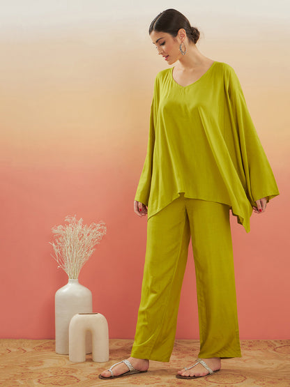 InWeave Women's Pear Green Solid Boho Full Sleeve Coord Set