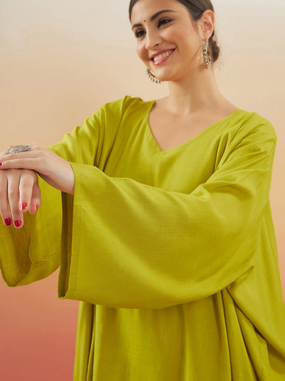 InWeave Women's Pear Green Solid Boho Full Sleeve Coord Set