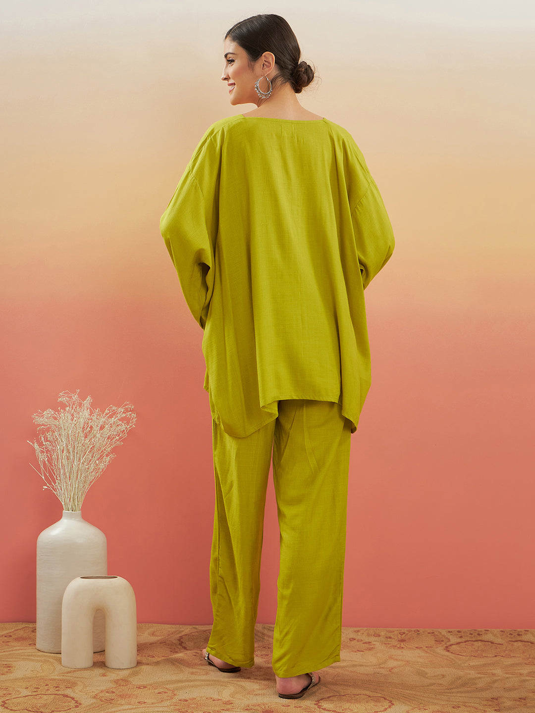 InWeave Women's Pear Green Solid Boho Full Sleeve Coord Set