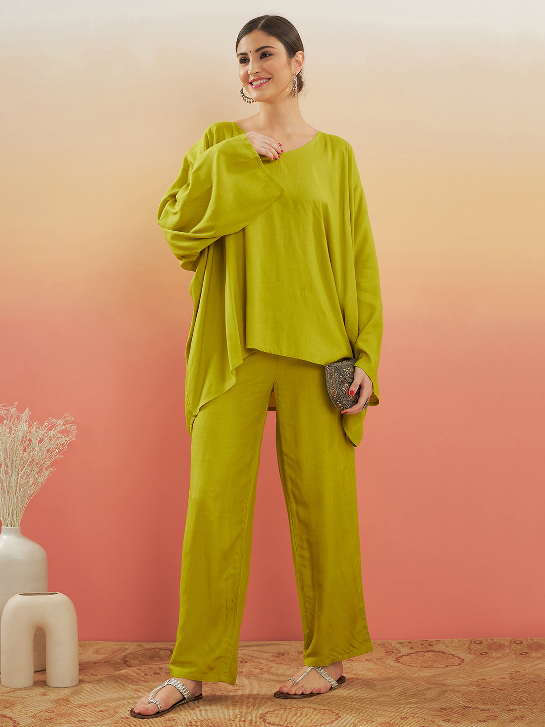 InWeave Women's Pear Green Solid Boho Full Sleeve Coord Set