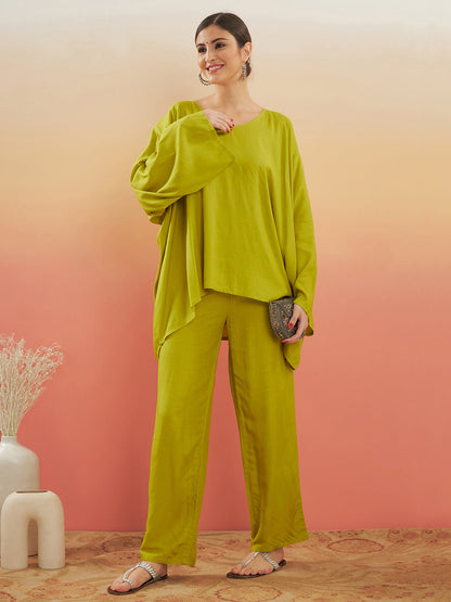 InWeave Women's Pear Green Solid Boho Full Sleeve Coord Set