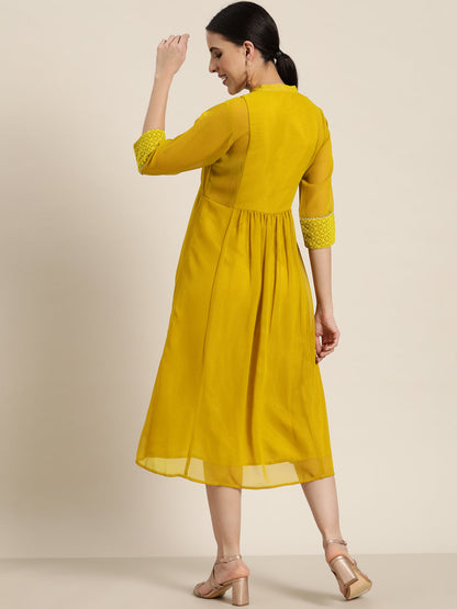 Juniper Mustard Georgette Lacy Midi Dress With Yoke Embroidery & Show Buttons