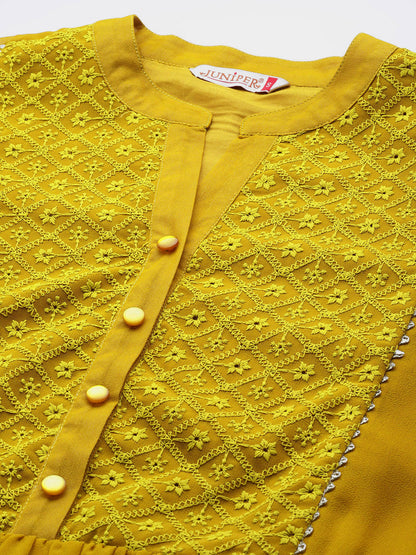 Juniper Mustard Georgette Lacy Midi Dress With Yoke Embroidery & Show Buttons