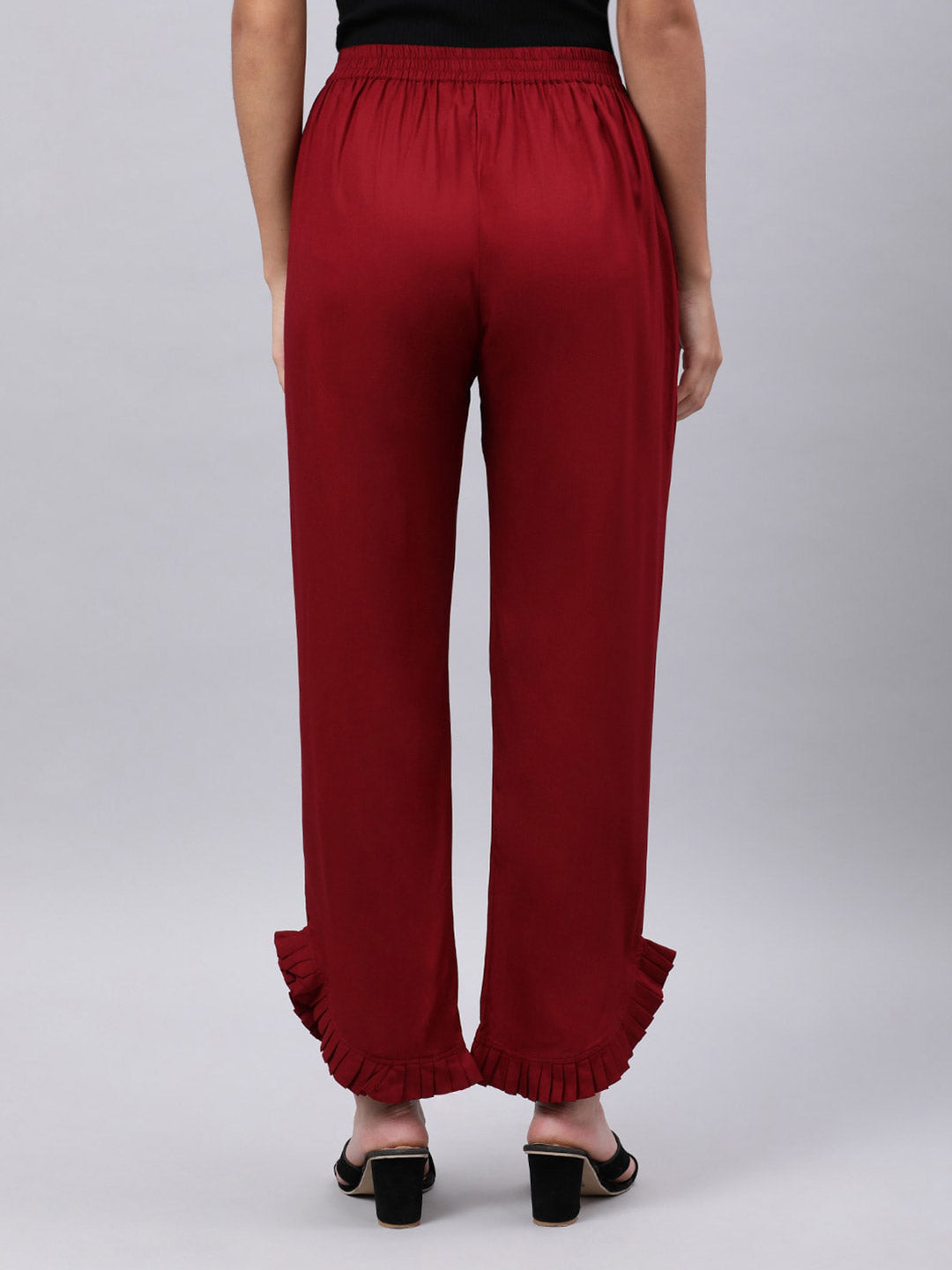 Souchii Women Maroon Solid Pleated Ruffled Liva Palazzos