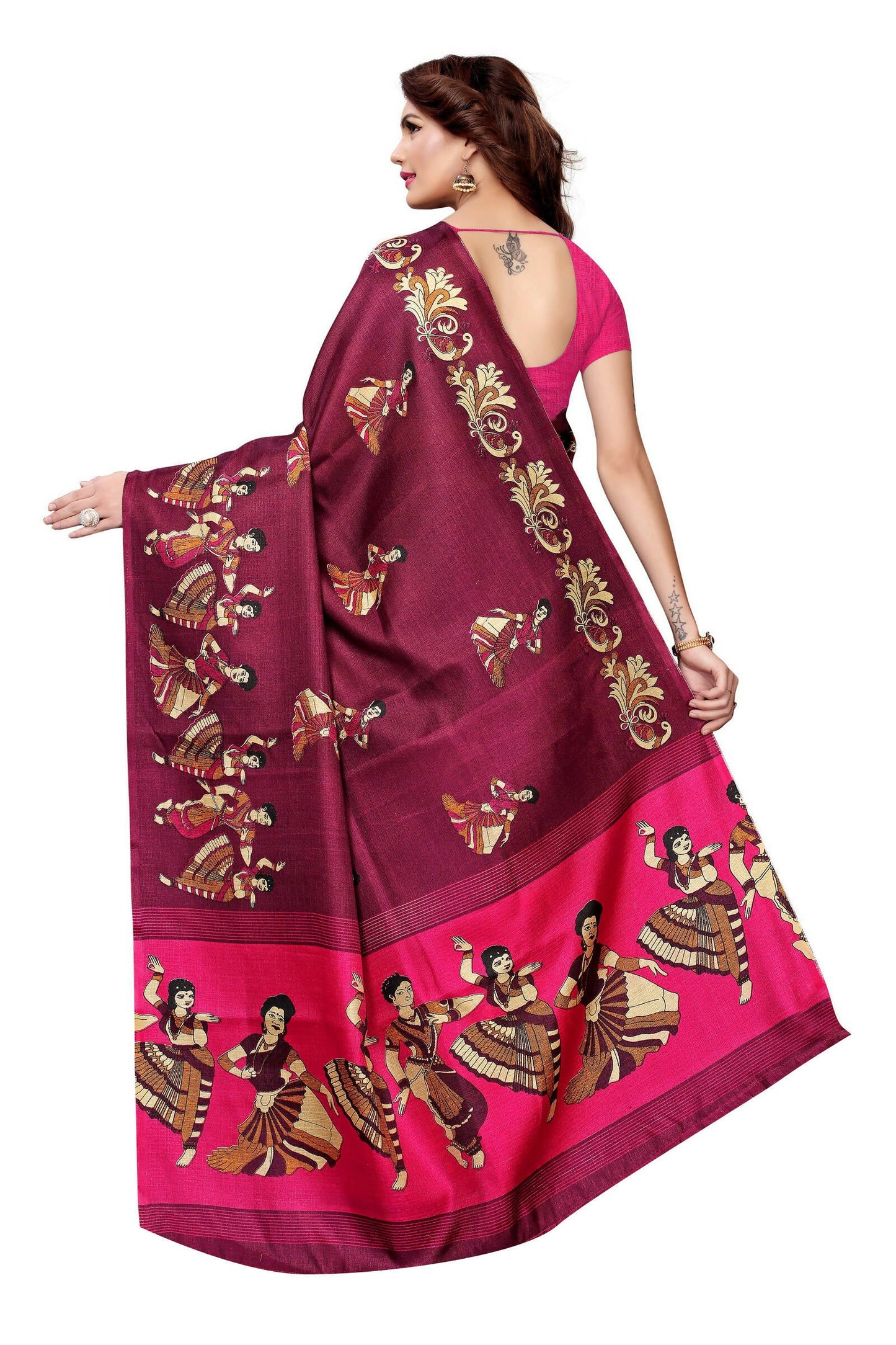 Vamika Wine Red & Pink Kalamkari With Jhalar Khadi Silk Saree