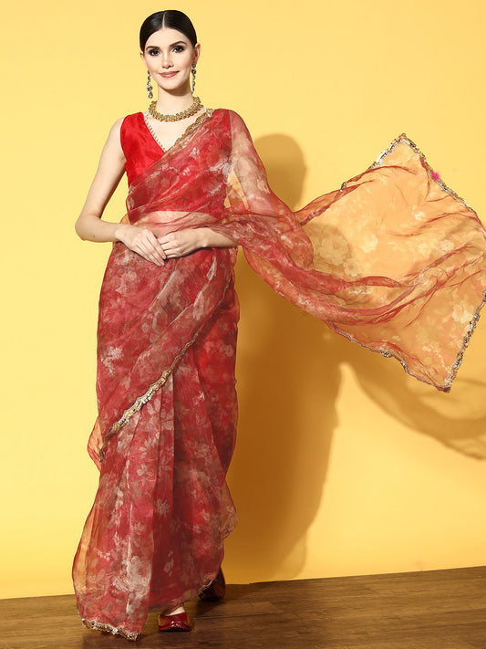 Tikhi Imli Red Floral Sequinned Organza Saree