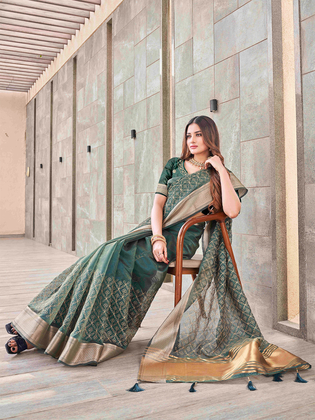 Tikhi Imli Olive Floral Embroidered Zari Organza Saree