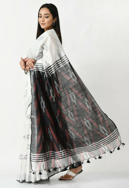 Mominos Fashion Moeza White & Black Bhagalpuri Handloom Ikat Pure Cotton Saree with unstitched Blouse piece