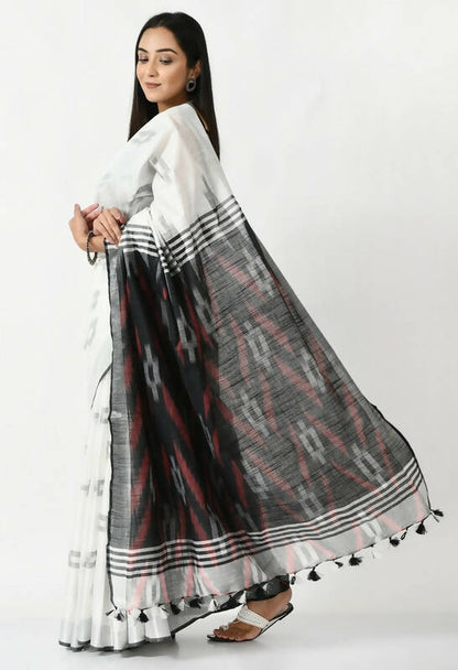 Mominos Fashion Moeza White & Black Bhagalpuri Handloom Ikat Pure Cotton Saree with unstitched Blouse piece