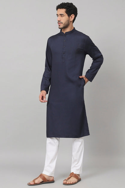 Giza Cotton Navy Blue Plain Kurta by Hilo Design