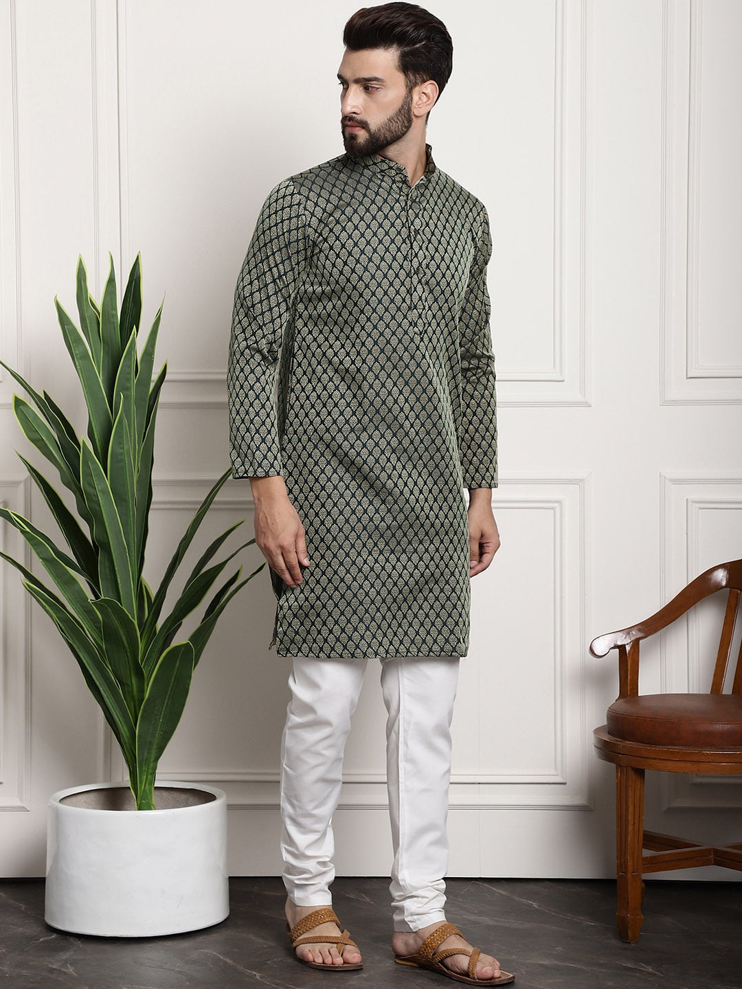 Sojanya Men Green & Off-White Woven Design Kurta with Churidar