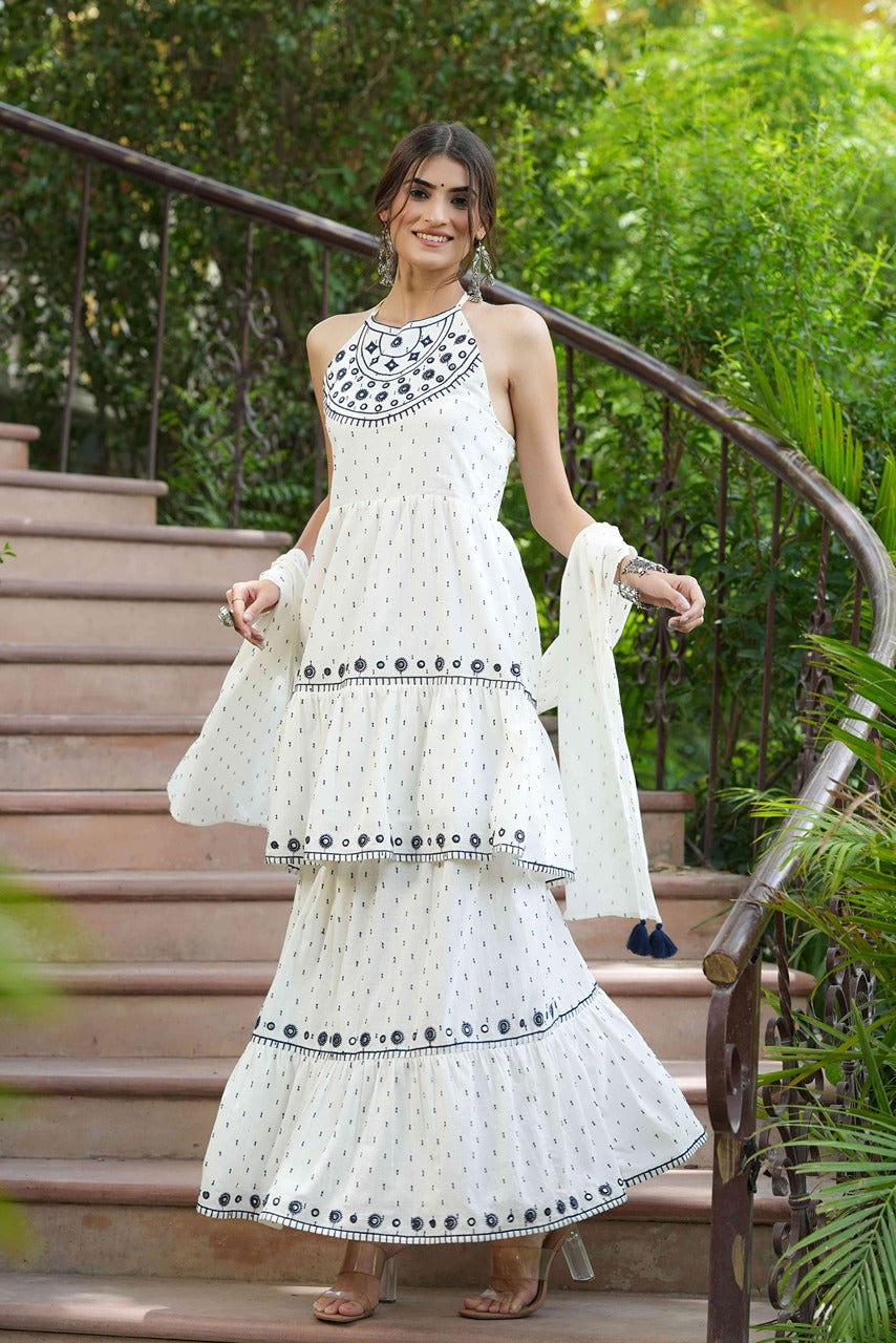 Juniper Off - White Cotton Dobby Festive Embroidered Tiered Skd For Women
