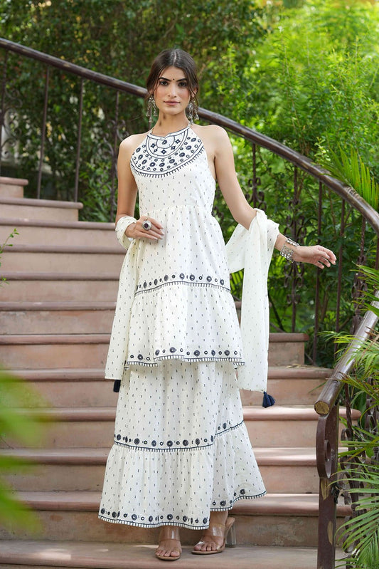 Juniper Off - White Cotton Dobby Festive Embroidered Tiered Skd For Women