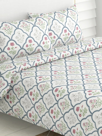 haus & kinder Blue & White Ethnic Motifs 186 TC King Bedsheet with 2 Pillow Covers