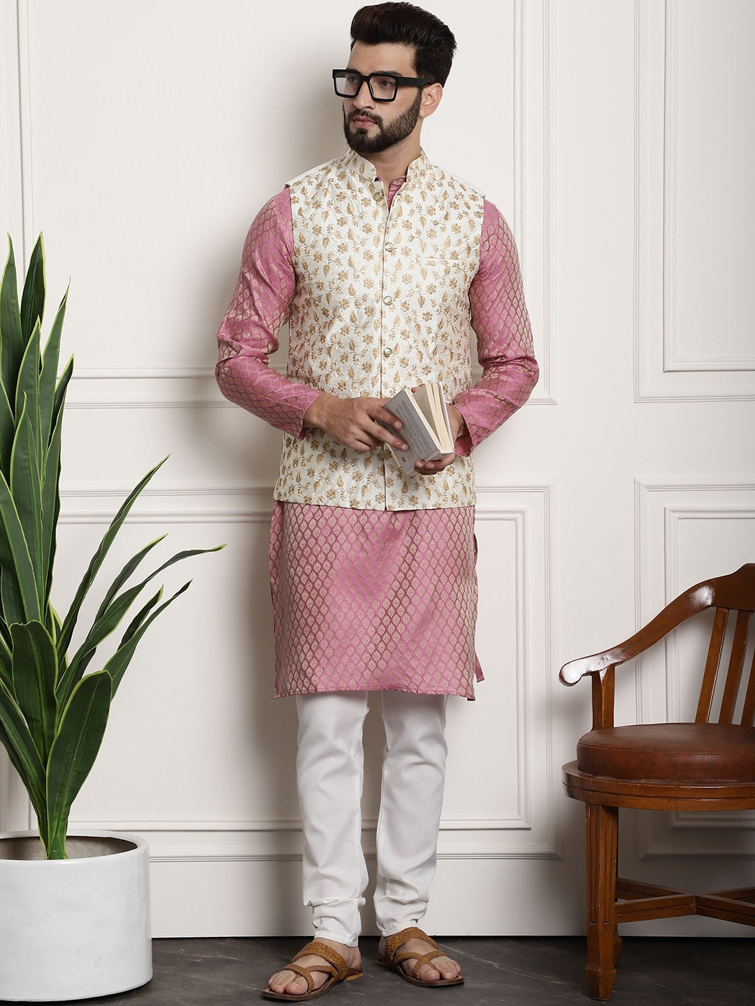 Sojanya Woven Design Mandarin Collar Kurta with Churidar & Nehru Jacket